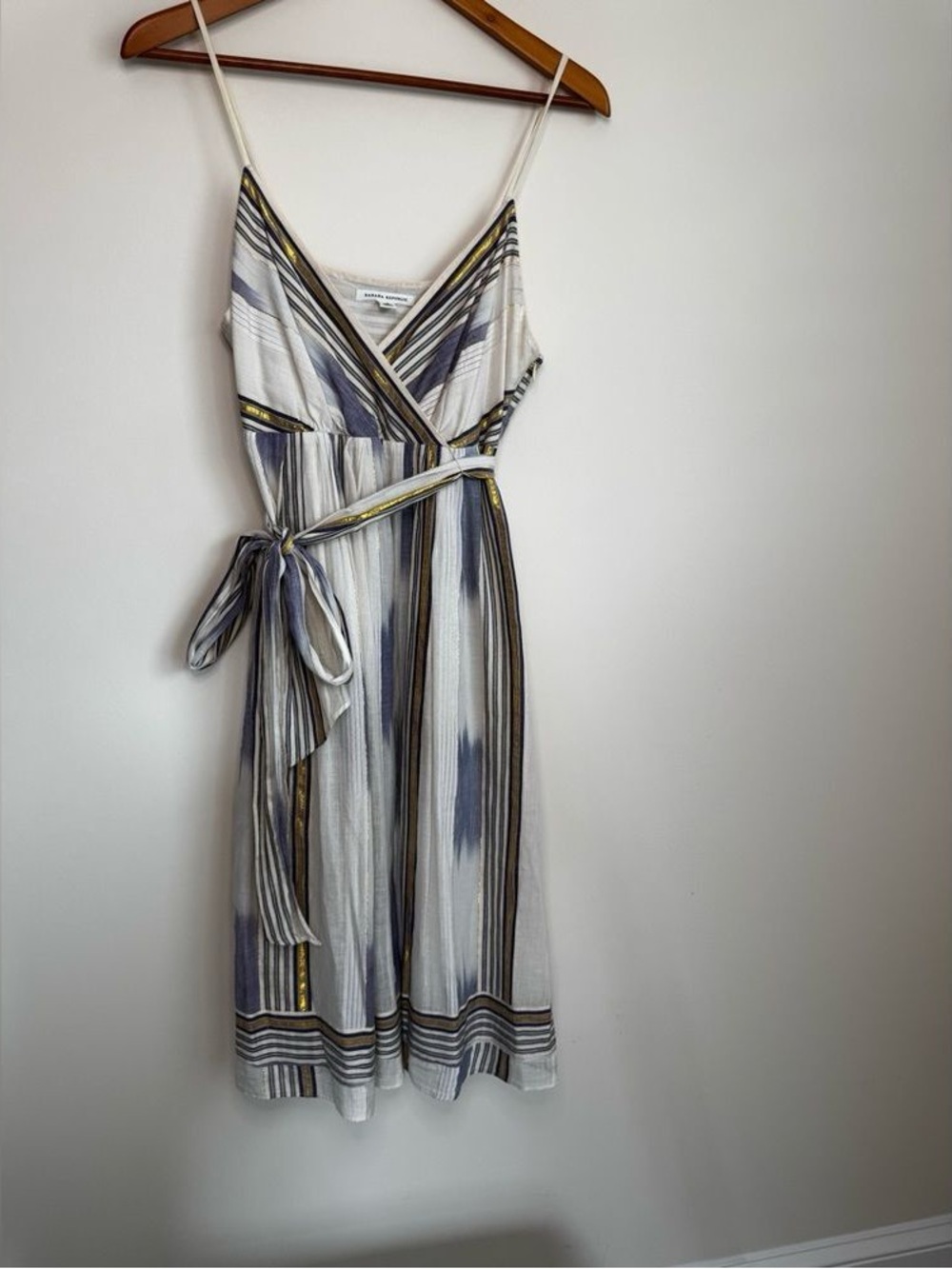 Striped Midi Wrap Dress in White, Blue & Gold